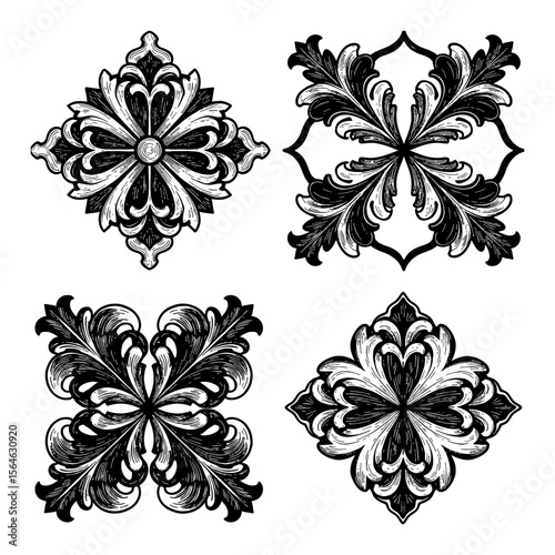 Quatrefoil Decoration Set 4 Ornate Floral Vintage Symmetrical Classic Black and White Outline Line Art Drawing