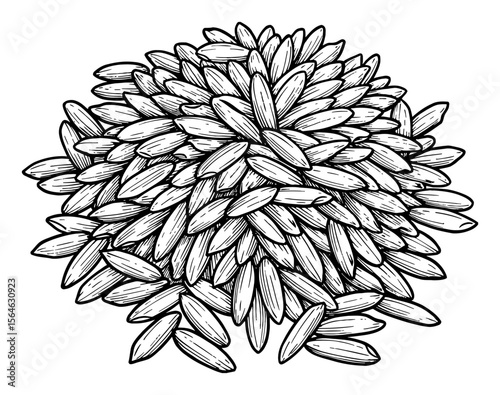 Abundant Pile of Raw Rice Grain Black and White Outline Line Art Drawing Isolated Food Ingredient Hand Drawn Vector Artwork