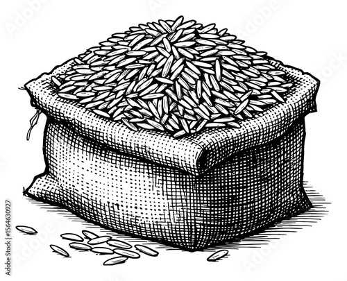 Detailed Engraving of Rice Grains Pouring from a Full Sack Bag Black and White Outline Line Art Drawing
