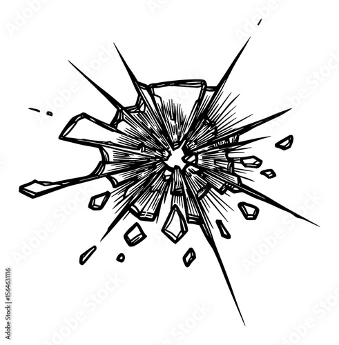 Black and White Outline Line Art Drawing of a Broken Glass Shattered from a Violent Impact and Radial Cracks