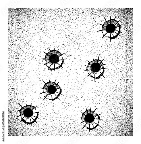 Multiple Bullet Hole Decals Damage on a Textured Concrete Wall Black and White Outline Line Art Drawing