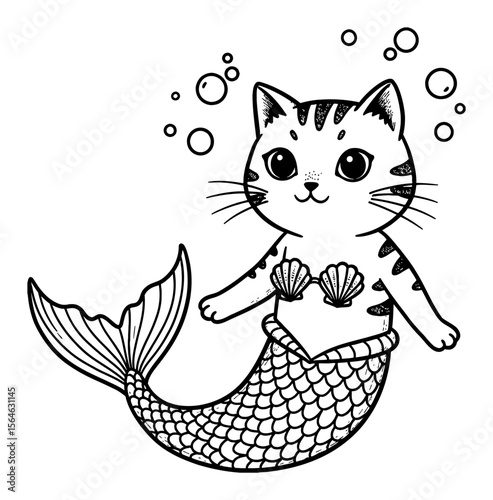 Cute Mermaid Cat with Seashell Bra and Bubbles Adorable Black and White Outline Line Art Drawing