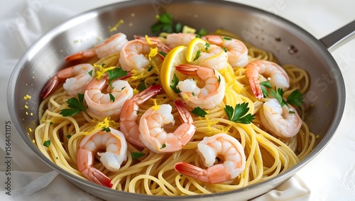 Spaghetti with shrimp and lemon zest in skillet, seafood pasta style with light backdrop