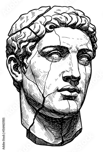 Fractured Man Head Statue Ancient Bust Broken Sculpture Black and White Outline Line Art Drawing Etching