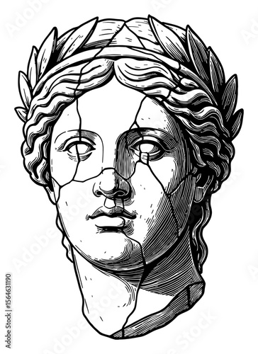 Ancient Fractured Woman Head Statue with Roman Laurel Crown Black and White Outline Line Art Drawing