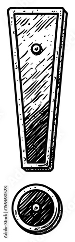 Bold Grungy Distressed Black and White Outline Line Art Drawing of a Hand Drawn Exclamation Mark Symbol Punctuation Mark