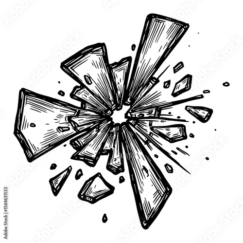 Impact Shattered Broken Glass Fragments Splintered Explosion Black and White Outline Line Art Drawing