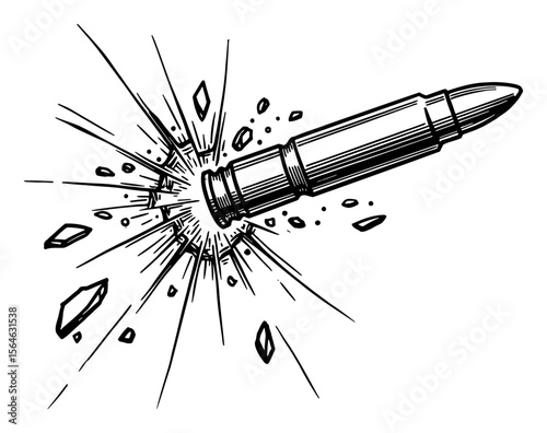Bullet Hitting Breaking Broken Glass Shards Explosion Black and White Outline Line Art Drawing