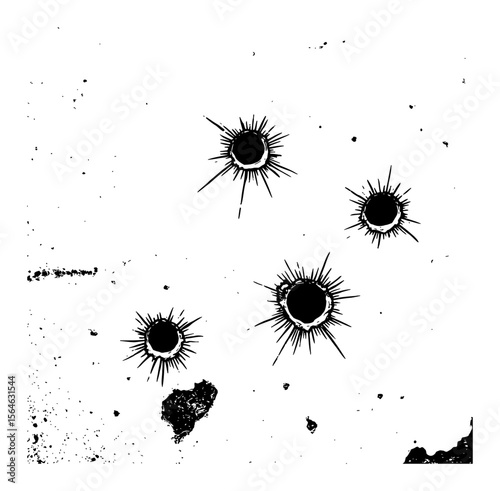 Four Bullet Hole Decals on Rusty Metal Surface Distressed Texture Black and White Outline Line Art Drawing