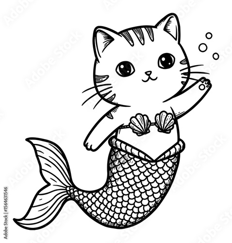 Cute Mermaid Cat Waving with Bubbles Black and White Outline Line Art Drawing Cartoon Style Illustration