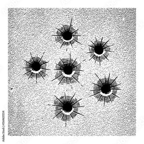 Multiple Bullet Hole Decals on Concrete Wall in Grungy Black and White Outline Line Art Drawing