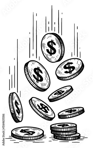 Falling Dollar Coins Money Raining Down with Symbol Black and White Outline Line Art Drawing Vector Illustration