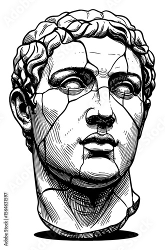 Fractured Man Head Statue Ancient Sculpture Black and White Outline Line Art Drawing Broken Vintage Engraved