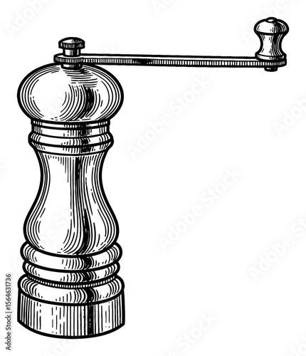 Vintage Style Pepper Grinder with Hand Crank Detailed Black and White Outline Line Art Drawing Isolated Object