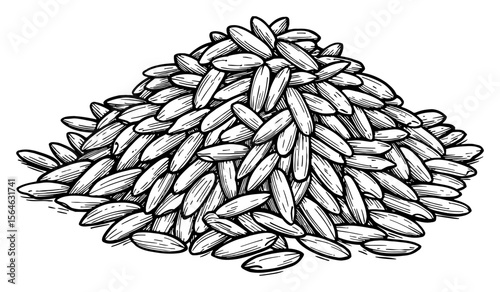Pile of Rice Grains Black and White Outline Line Art Drawing for Food and Agriculture Design
