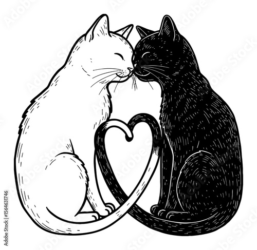 Two Loving Cats Couple with Tails Shaping a Heart Black and White Outline Line Art Drawing