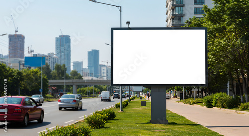 Mockup empty white advertising billboard placed at side of busy city road with cars and green trees. Outdoor advertisement template poster for urban commercial marketing campaigns. Selective focus