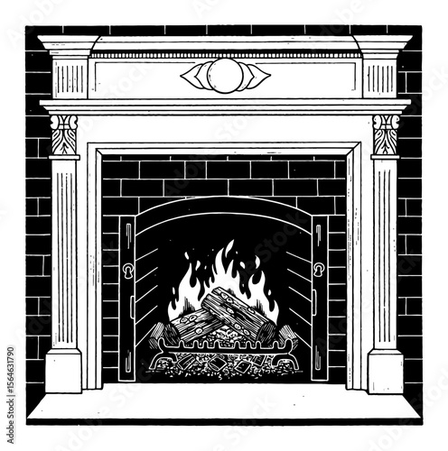 Vintage Fireplace with Burning Logs and Decorative Mantel Black and White Outline Line Art Drawing Illustration