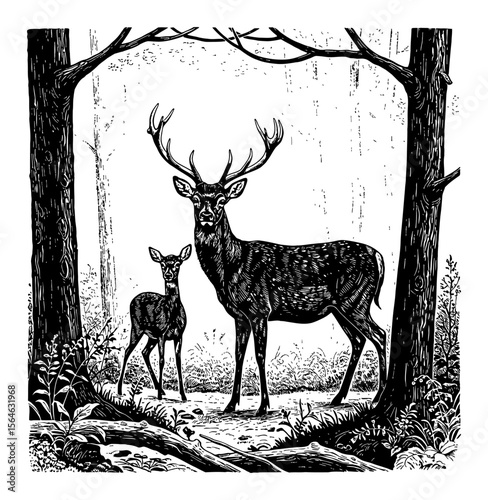 Majestic Deers in Forest Black and White Outline Line Art Drawing of Adult Buck and Fawn Vintage Woodcut Style