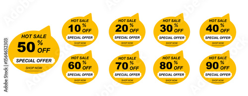 Hot sale tags special discount offer with yellow and Wight color
10%, 20% 30, 40 , 50, 60 ,70, 80,and 90% off sale badge