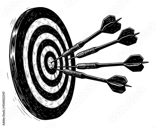 Darts hitting a target board with multiple darts close to bullseye in a striking Black and White Outline Line Art Drawing