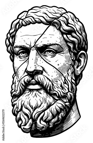 Fractured Bearded Badass Man Head Statue Black and White Outline Line Art Drawing Engraving Style