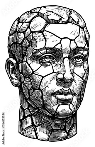 Detailed Fractured Man Head Statue Made of Glass Vintage Black and White Outline Line Art Drawing