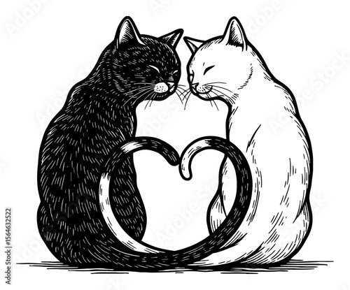 Two Cats Couple Loving with Their Tails Shaping a Heart Black and White Outline Line Art Drawing