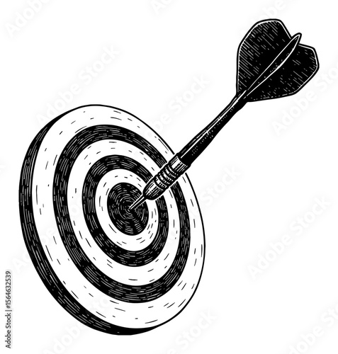 Single dart hitting the center of a target board Black and White Outline Line Art Drawing
