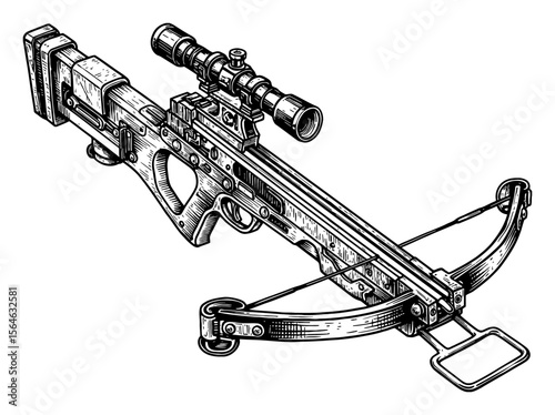 A Modern Crossbow Gun with Scope Detail Black and White Outline Line Art Drawing Isolated Object