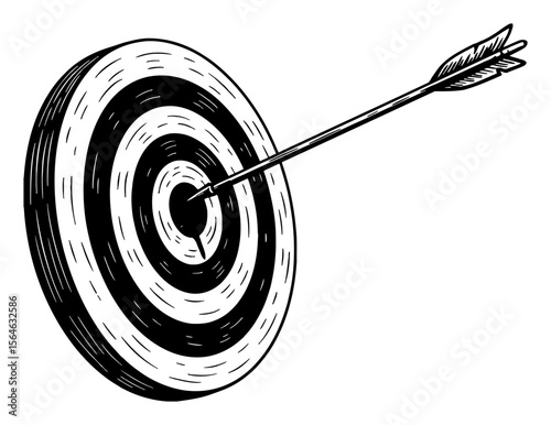 Perfect Arrow Hitting Target Bullseye Black and White Outline Line Art Drawing Achievement Success