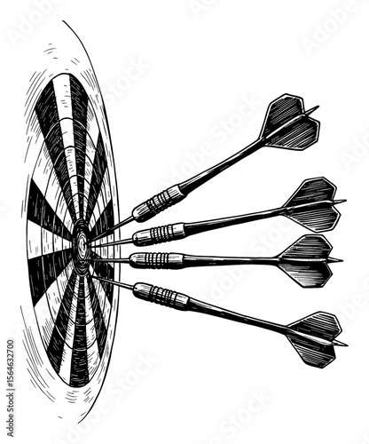 Four Darts on Target Board Bullseye Black and White Outline Line Art Drawing Vintage Engraving Style
