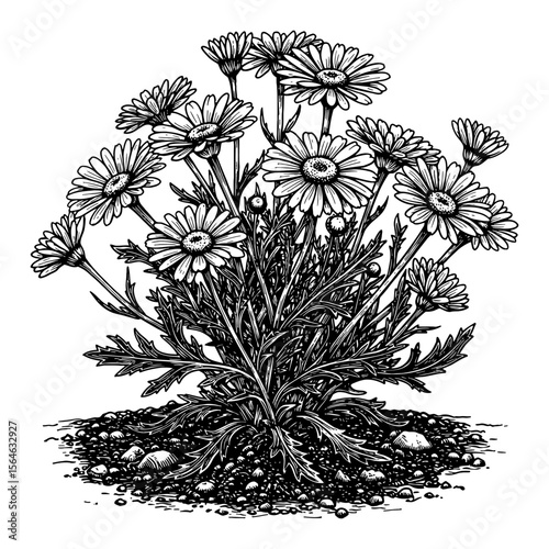 Golden Marguerite Anthemis Tinctoria Flowers Growing on Ground Black and White Outline Line Art Drawing Detailed