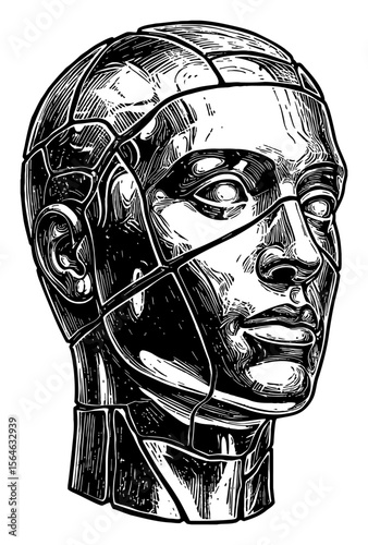Fractured Man Head Statue Made of Shiny Metal Black and White Outline Line Art Drawing