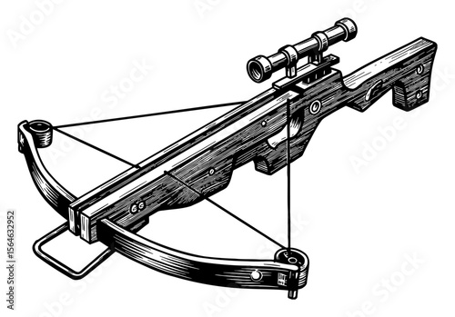 Modern Crossbow Weapon with Scope Black and White Outline Line Art Drawing Detailed Isolated Object