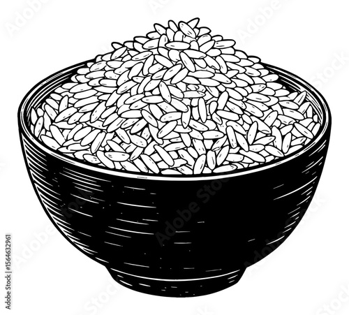 Pile of Rice Grains in a Bowl Black and White Outline Line Art Drawing Vintage Illustration