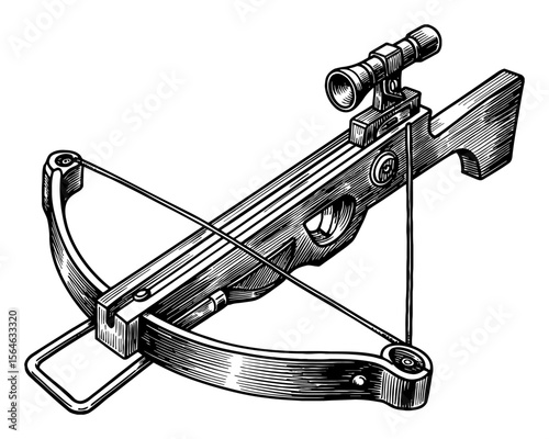 Modern Crossbow with Scope Weapon Engraved Vintage Style Black and White Outline Line Art Drawing