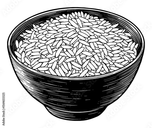 Full Bowl of Rice Grains Black and White Outline Line Art Drawing Vintage Engraving Illustration Object