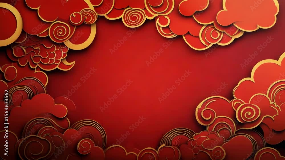 Red cloud pattern with gold swirl decoration on festive red background, elegant abstract frame featuring swirling shapes creating vibrant and luxurious celebratory atmosphere
