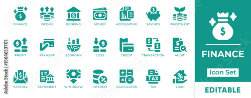 Finance Icon Set. Features icons of money, banking, investment, savings, budgeting, and payments. Perfect for fintech, accounting, business, and economic projects.