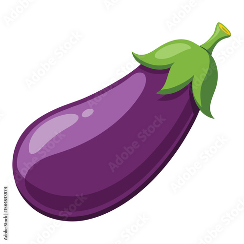 A whole eggplant, dark and glossy, on a plain white surface, representing fresh, healthy vegetables for cooking
