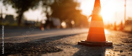 Wallpaper Mural Orange traffic cone on asphalt road during sunset, symbolizing roadwork, construction, and safety Concept of caution, warning, and temporary hazard on the street Torontodigital.ca