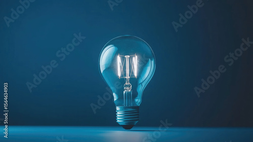 Clear glass light bulb standing upright on blue background, glowing filament visible, minimal style, innovation and creativity concept