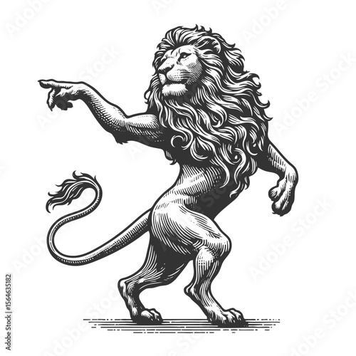 Dancing lion standing on hind legs and pointing with a confident, commanding gesture sketch engraving generative ai vector illustration. Scratch board imitation. Black and white image.