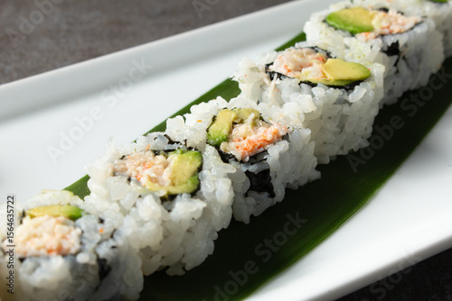 A closeup view of a California roll.