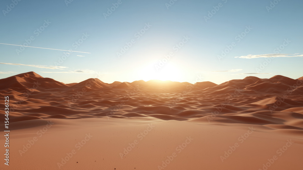Naklejka premium Desert landscape with soft sand dunes, long shadows, golden sunlight, clear sky, peaceful, natural beauty, arid terrain