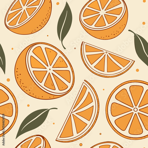 Vibrant Orange Fruit Pattern with Leaves for Food Blogs, Cooking Websites, Design Projects, Kitchen Decor, and Print Materials  
