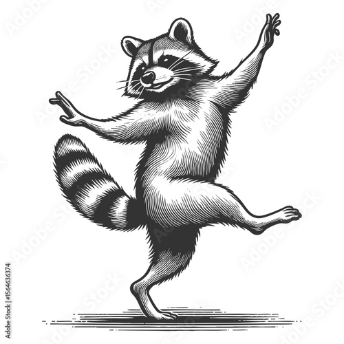 cheerful raccoon dancing, full of charm and playfulness sketch engraving generative ai vector illustration. Scratch board imitation. Black and white image.
