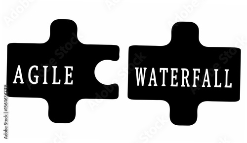 Two puzzle pieces in black with agile and waterfall text representing project management methodologies