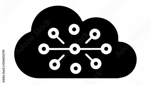 Black cloud shape containing a network of connected circles with lines in a simple graphic design